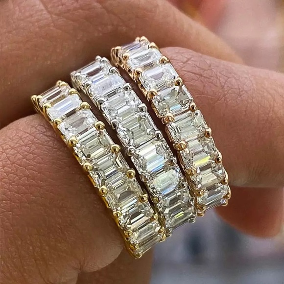 1CT CZ VVS1 Emerald Cut Eternity Wedding Band Ring - Picture 3 of 15